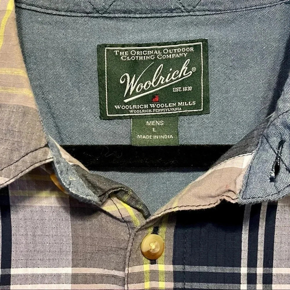 WOOLRICH Blue, Gray & Yellow Plaid Short Sleeve Button Front Shirt sz L - Picture 4 of 5